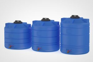 Three large blue emergency water storage containers