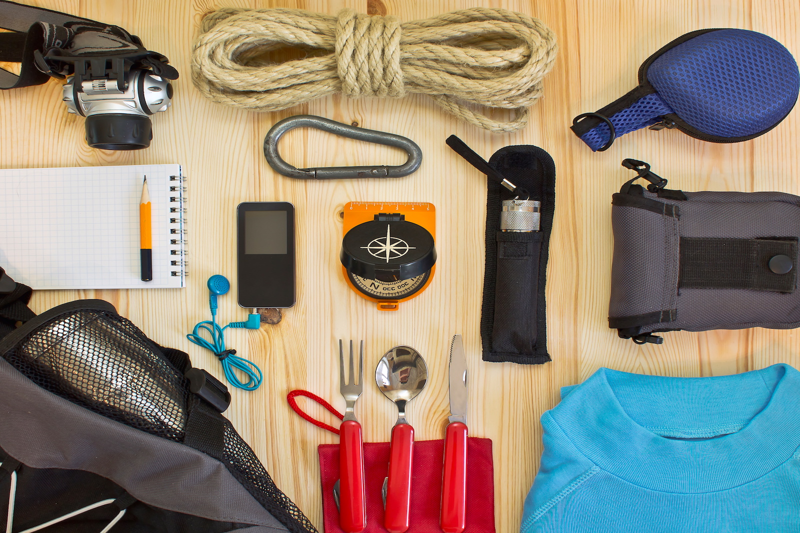 Supplies for a bug out bag laid out on a table