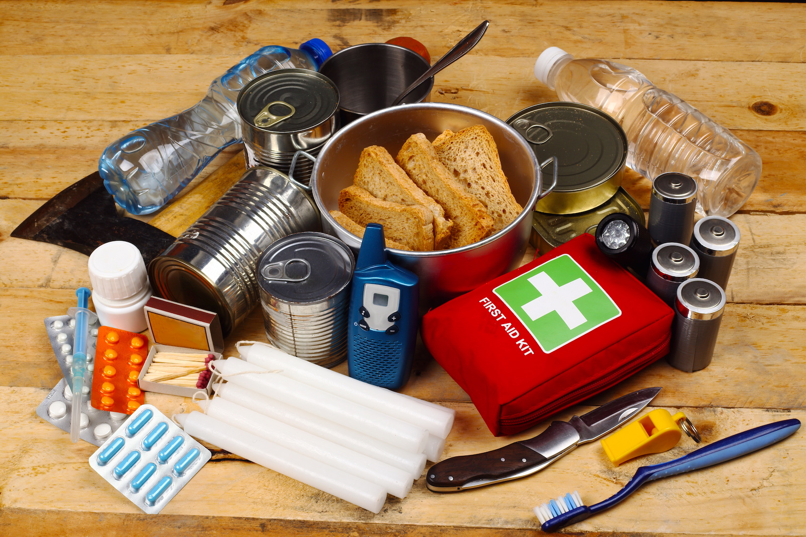 Supplies for an emergency sitting on the table