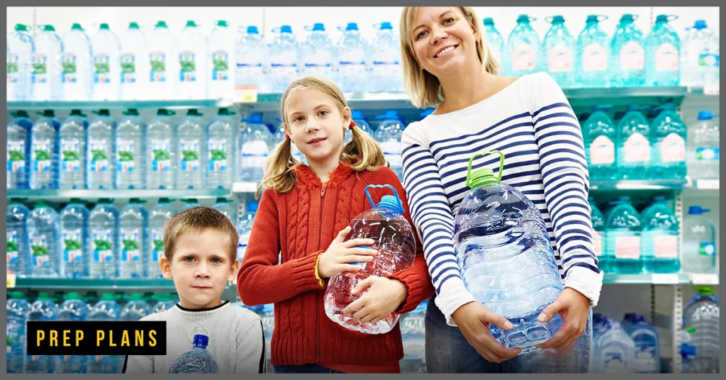 family with bottles of drinking water 