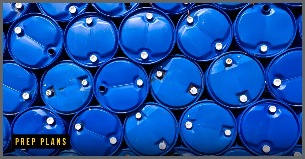 water storage barrels stacked up